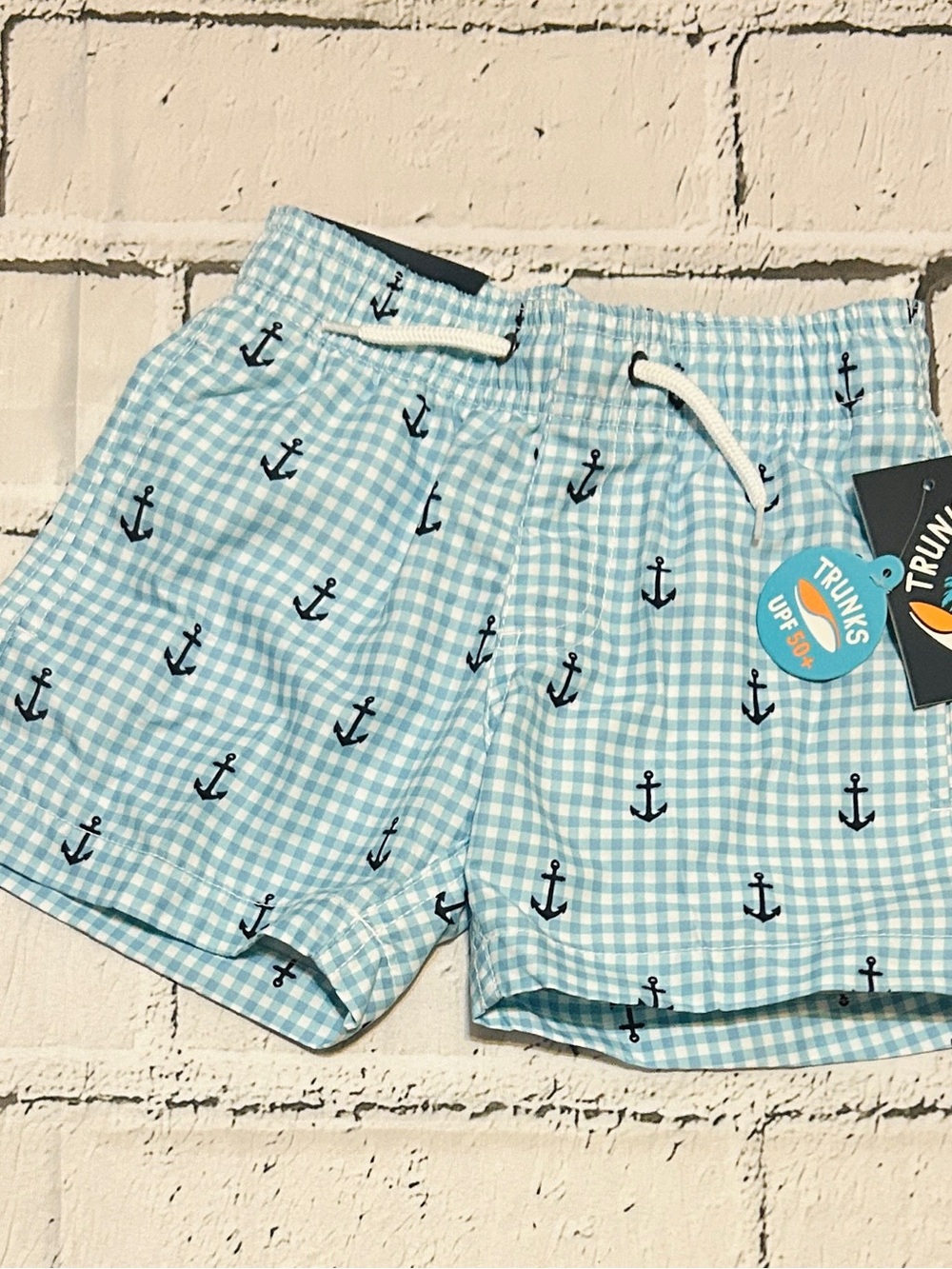 NWT Kids Blue Gingham Anchor Print UPF Swim Shorts - Drawstring & Pockets (4T)